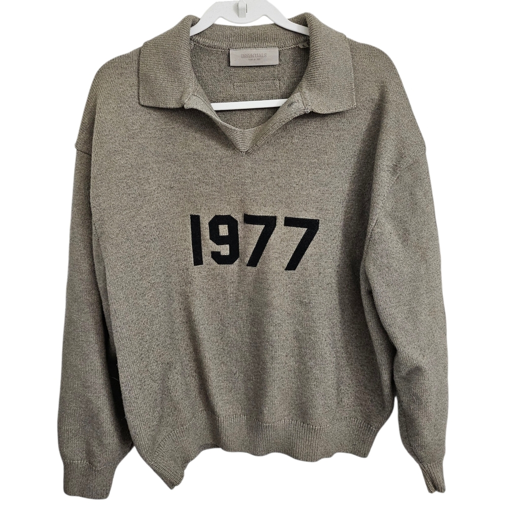 Fear of God Essentials Sweater Men Small Taupe 1977 Print Knit Polo FOG Relaxed